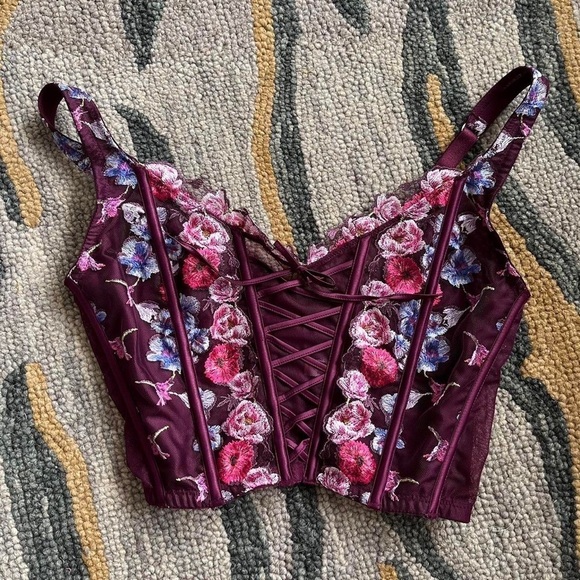 Victoria’s Secret burgundy floral embroidered unlined corset top - Picture 2 of 7